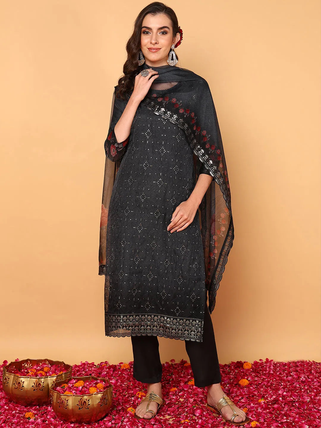 Ahika Women Black Organza Floral Embroidered Straight Kurta Trouser With Dupatta Trousers Plaid Checkered