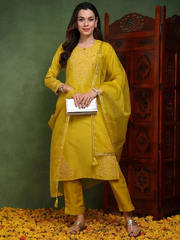 Ahika Women Mustard Silk Blend Solid Yoke Design Straight Kurta Trouser With Dupatta Trousers Occasion Special