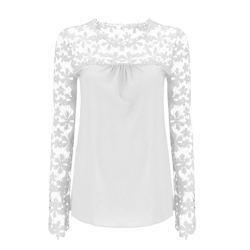 Elegant Women White Lace Blouses Floral Crochet Chiffon Shirt Ladies Shirts Top Pullover Basic Wear Plus Size S-5XL Alpaca Blend Soft