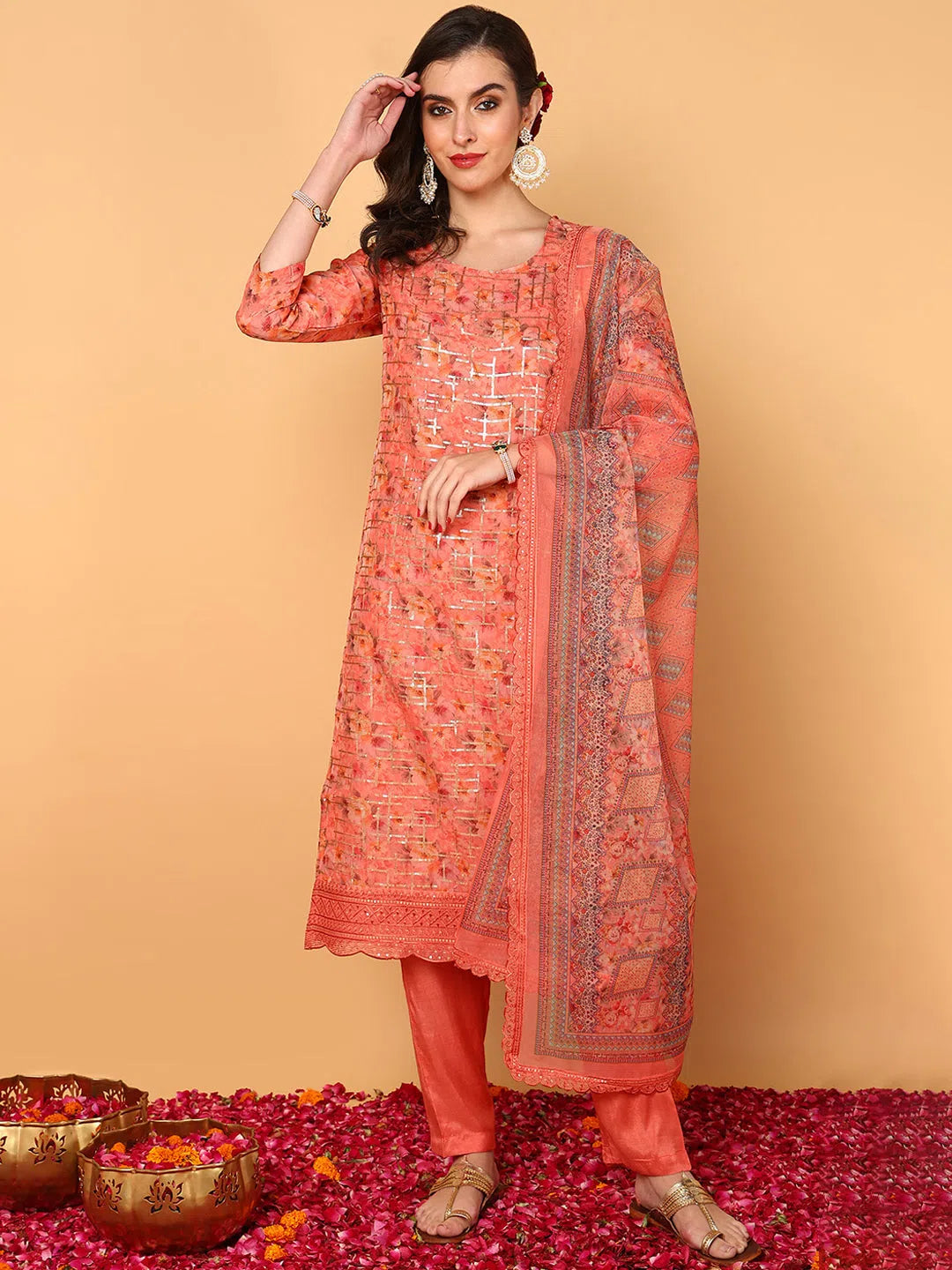 Ahika Women Coral Organza Ethnic Motifs Embroidered Straight Kurta Trouser With Dupatta Trousers Culottes Wide Leg