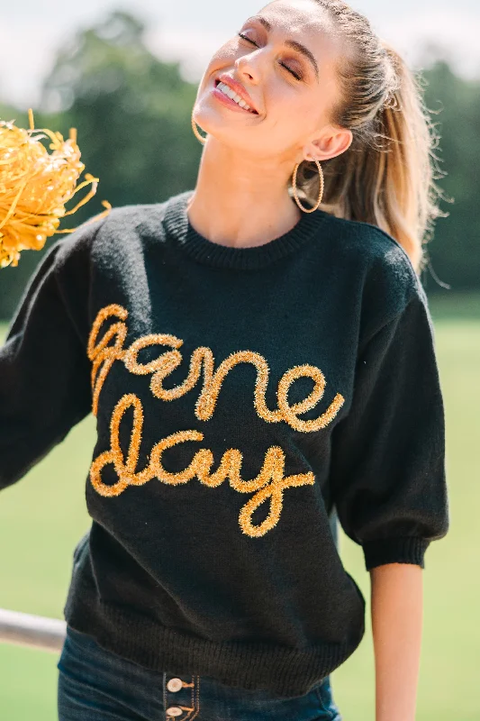 It's Game Day Black/Gold Puff Sleeve Sweater Handmade Hand-knitted Hand-woven