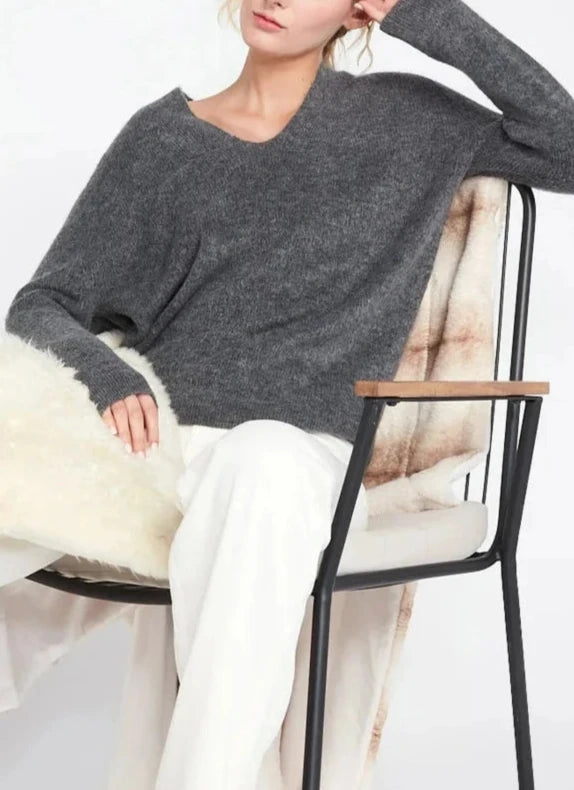 Ribbed V Neck Sweater in Charcoal Transparent Opaque Sheer