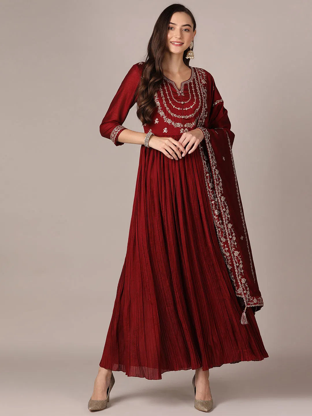 Ahika Women Maroon Silk Blend Solid Embroidered Anarkali Kurta Trouser With Dupatta Trousers fashionable chic