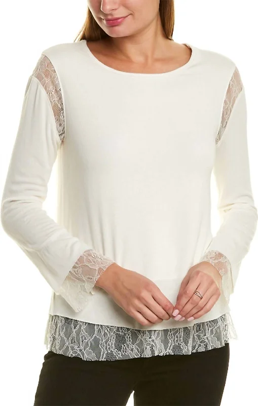 Isabel Floral Lace-Trim Pullover Top Shirt In Creme Fraiche Asymmetrical Neck Pullover