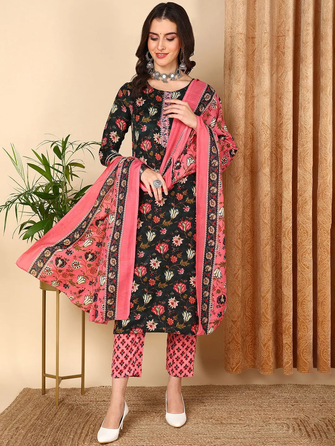 Ahika Women Black Cotton Blend Floral Printed Kurta Trouser With Dupatta Trousers Hiking Durable