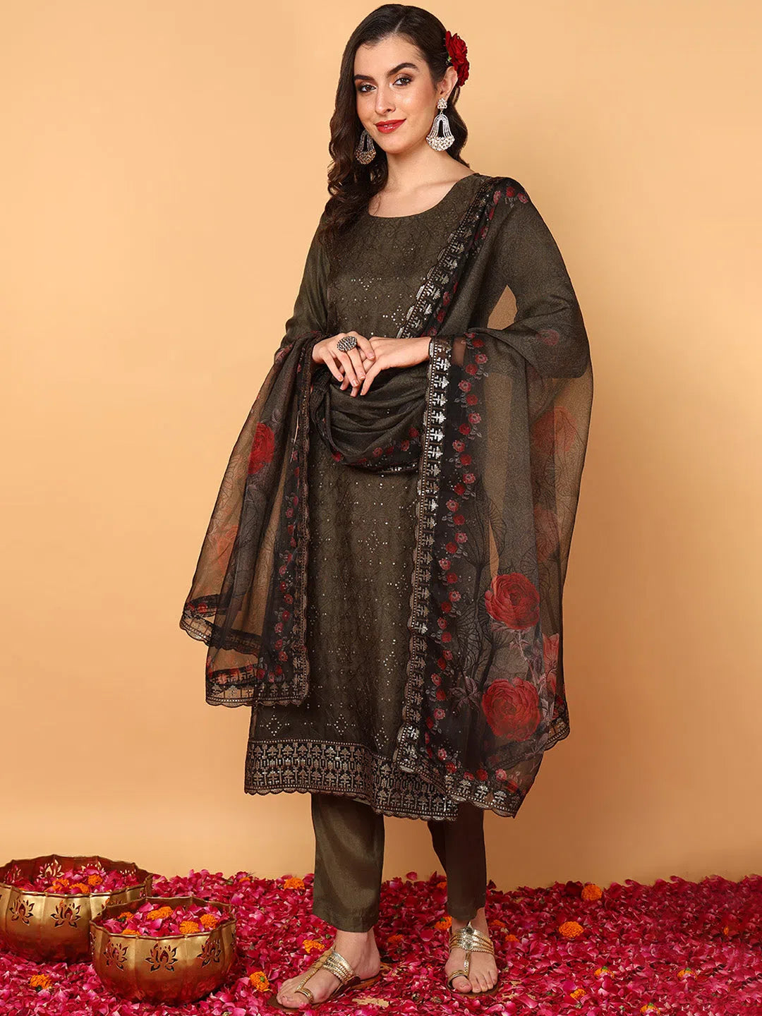 Ahika Women Olive Organza Floral Embroidered Straight Kurta Trouser With Dupatta Trousers Low Rise Relaxed