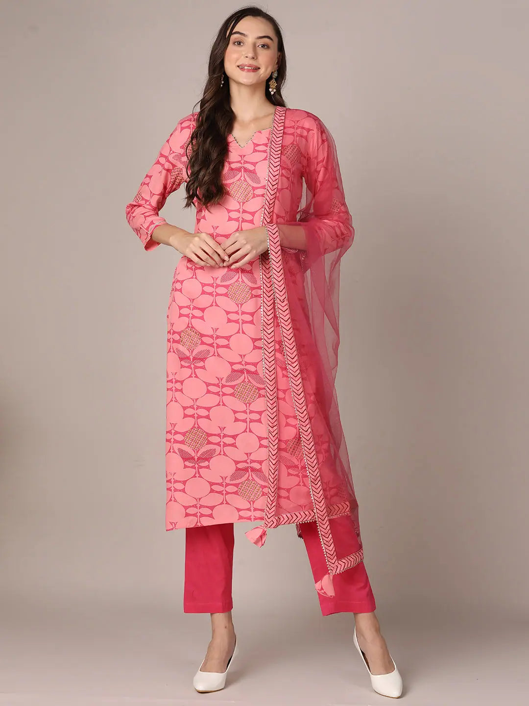 Ahika Women Pink Viscose Rayon Geometric Printed Straight Kurta Trouser With Dupatta-VKSKD1990_XS Trousers cozy soft