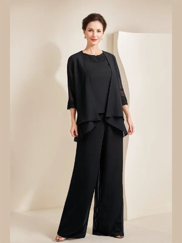 Black Chiffon Scoop 3/4 Sleeves Mother of the Bride Pantsuits with Appliques & Jacket Corduroy Jacket Velvet Jacket Brocade Jacket