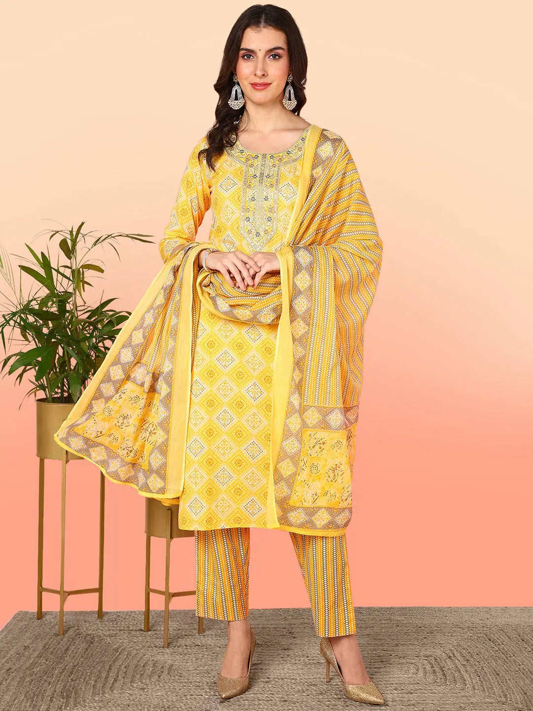 Ahika Women Yellow Pure Cotton Geometric Printed Yoke Design Kurta Trouser With Dupatta Trousers Running Lightweight