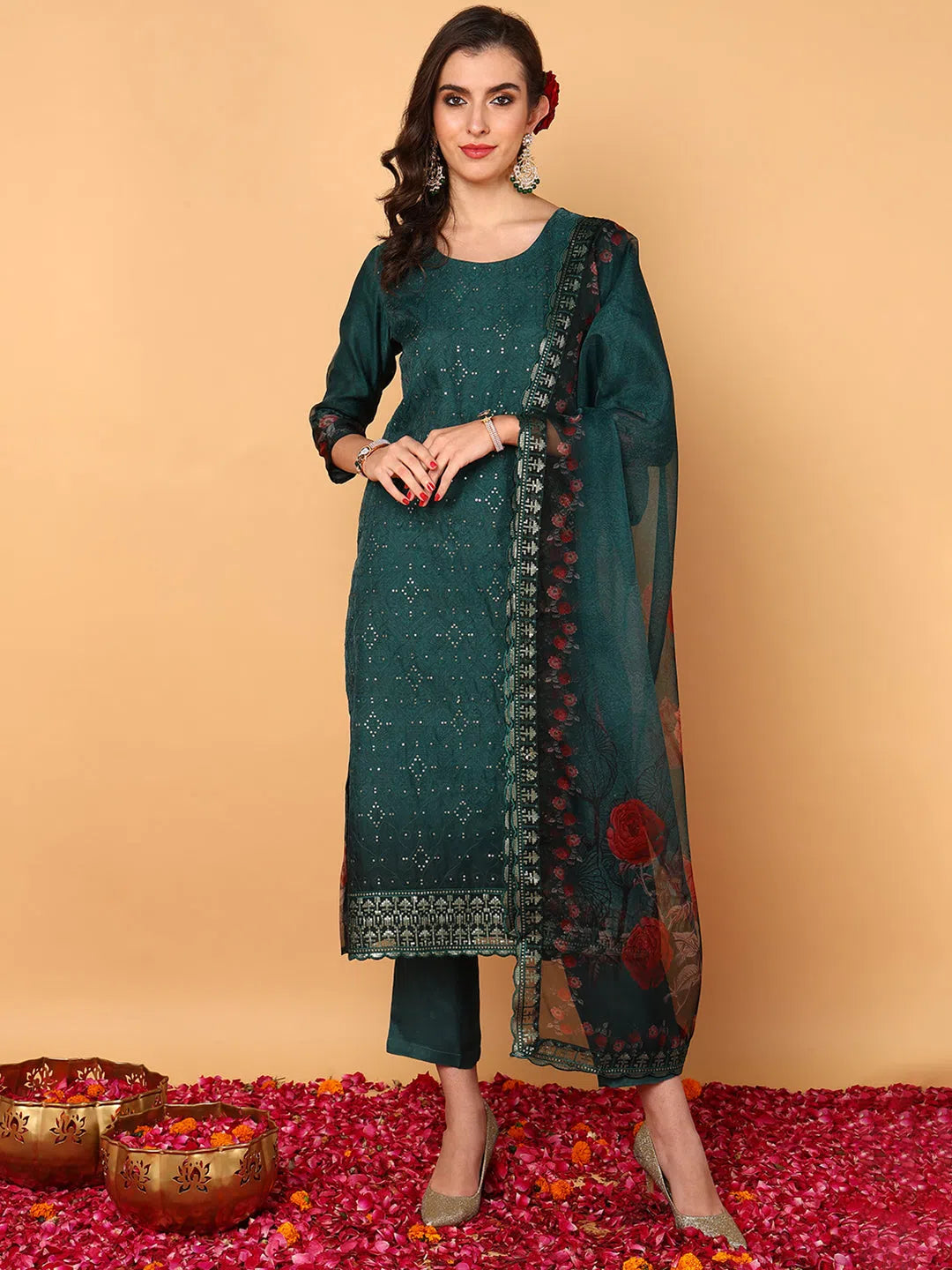 Ahika Women Green Organza Floral Embroidered Straight Kurta Trouser With Dupatta-PKSKD2090_XS Trousers Polka Dot Cute