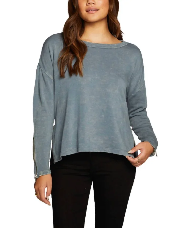 Slub French Terry Long Sleeve Open Neck Pullover With Zippers In Denim Mineral Wash Open Neck Pullover