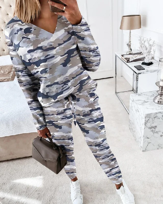 Women's Camouflage Long-Sleeved Casual Suit Trousers Trousers Denim Blue