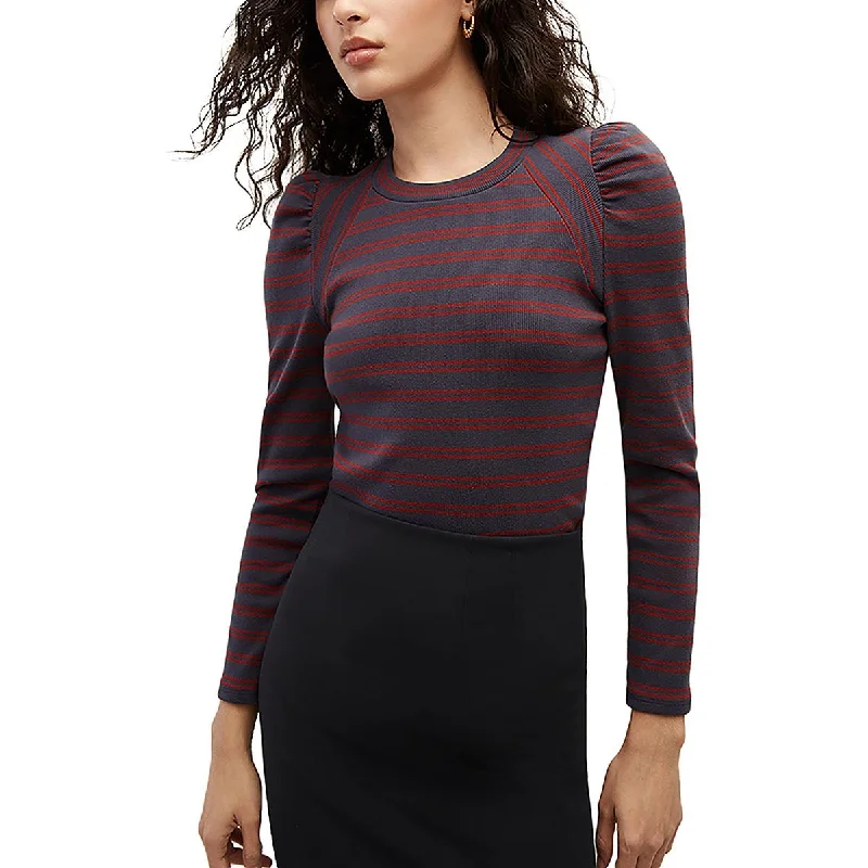 Womens Striped Puff Sleeve Pullover Top Boxy Neck Sweater