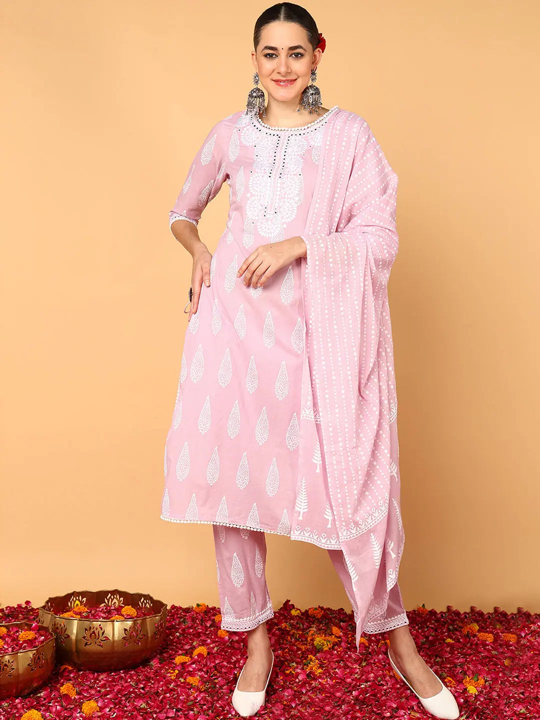 Ahika Women Pink Pure Cotton Ethnic Motifs Printed Straight Kurta Trouser With Dupatta-VKSKD2119_M Trousers Corduroy Warm