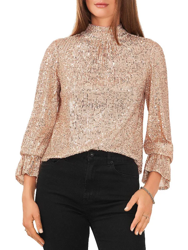 Womens Mesh Sequined Pullover Top Boyleg Sleeve Pullover