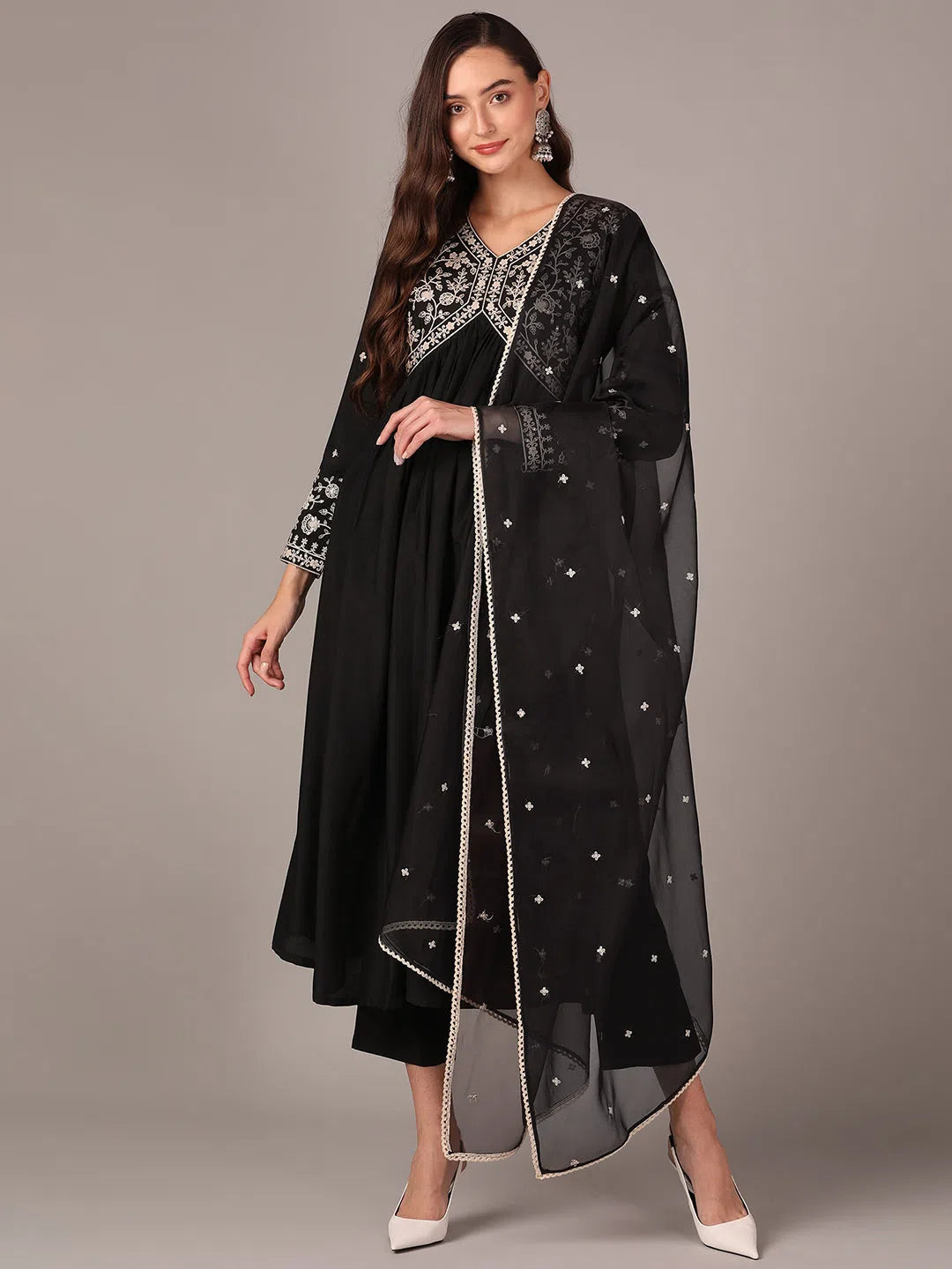 Ahika Women Black Silk Blend Solid Thread Work Anarkali Kurta Trouser With Dupatta Trousers Versatile Stylish