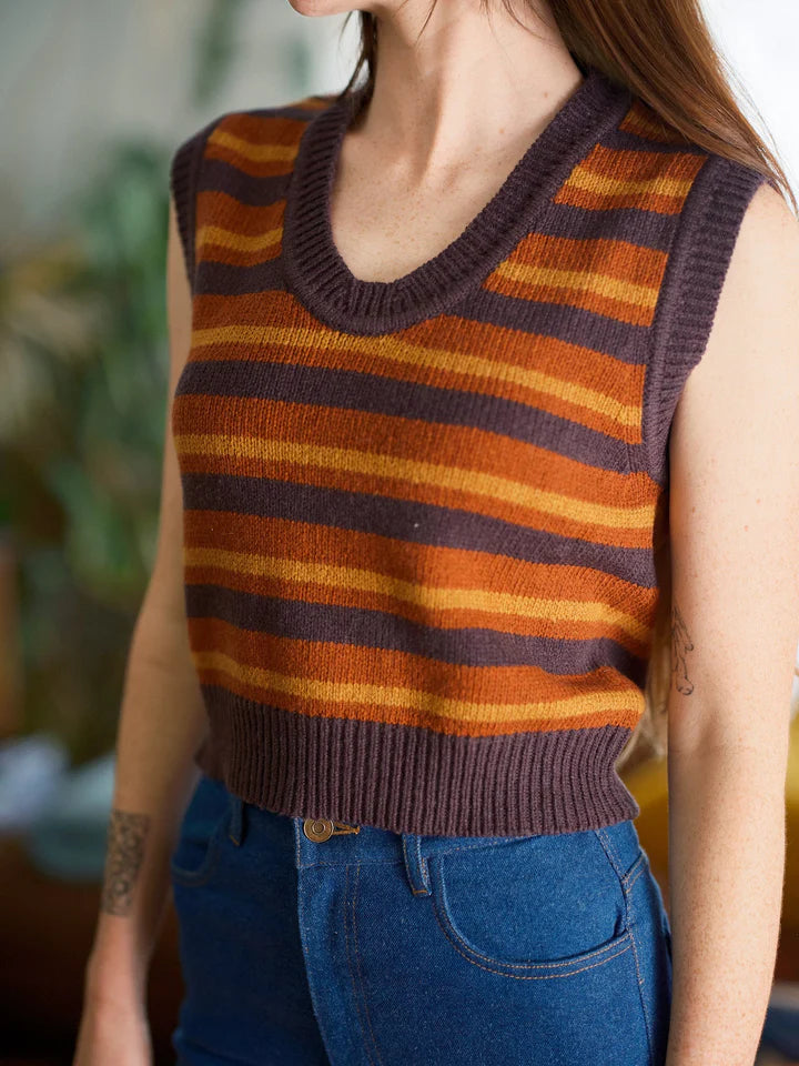 Merino Sweater Vest in Rust Stripe Graphic Sweater Embroidered Appliqued