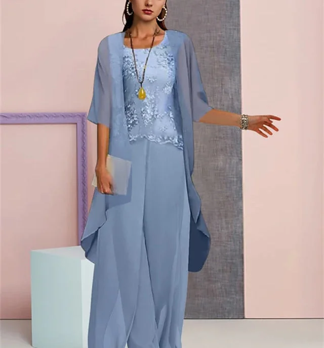 Chiffon Mother of the Bride Pantsuits with Jacket Snapped Jacket Toggled Jacket Drawstring Jacket
