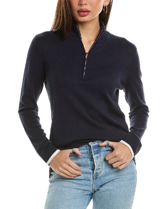 Hannah Rose Tee Time Cashmere-Blend 1/4-Zip Pullover Boat Neck Sweater