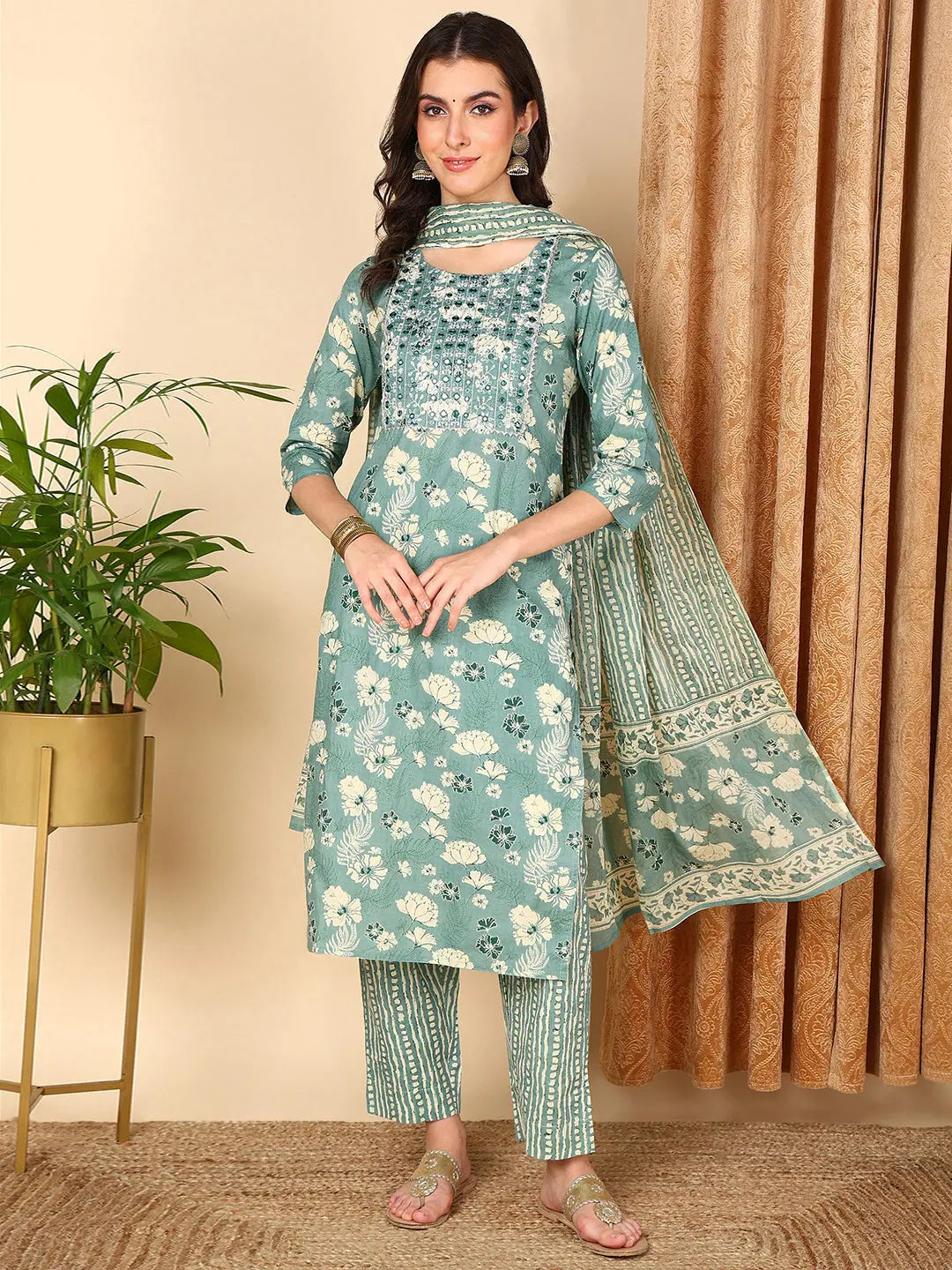 Ahika Women Sea Green Pure Cotton Floral Printed Yoke Design Kurta Trouser With Dupatta Trousers Chinos Classic