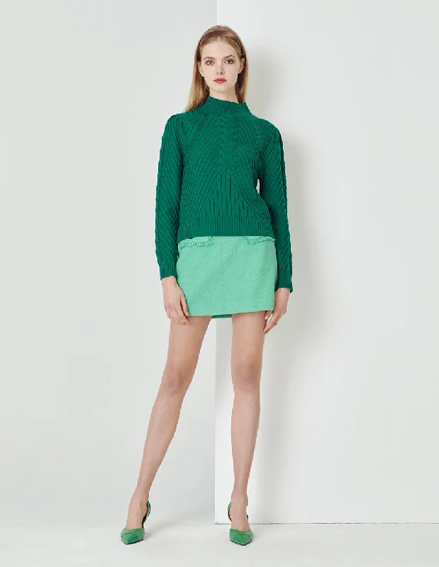 MARYLING Cactus Green Puff Sleeve Knitted Pullover Boxy Neck Sweater