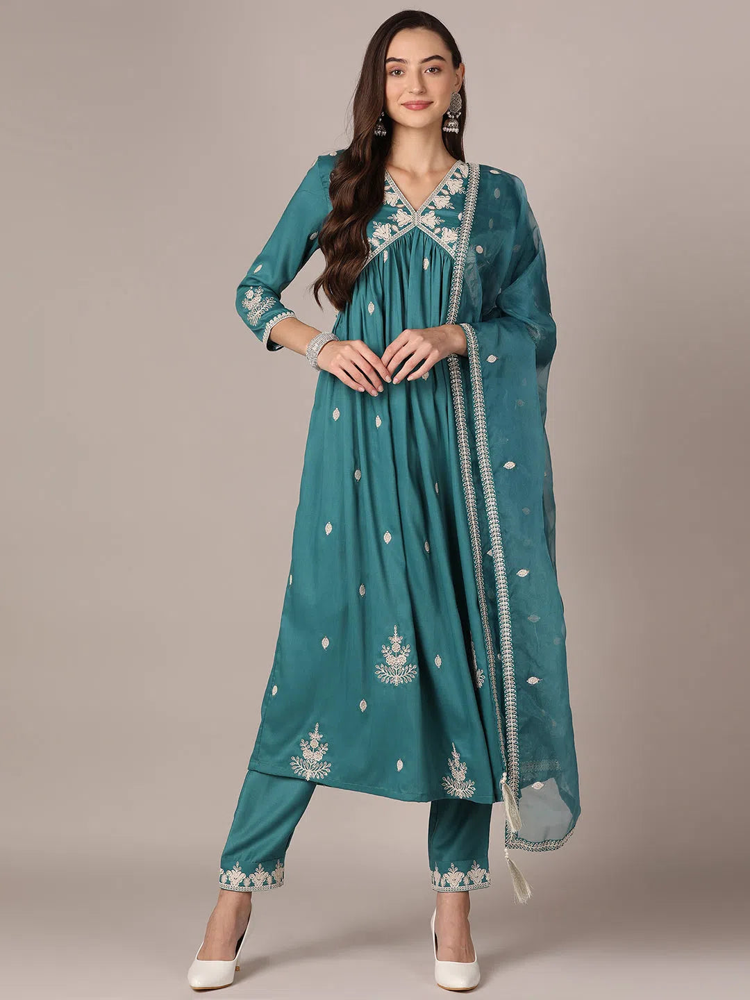 Ahika Women Turquoise Blue Silk Blend Solid Thread Work Anarkali Kurta Trouser With Dupatta Trousers fashionable trendy