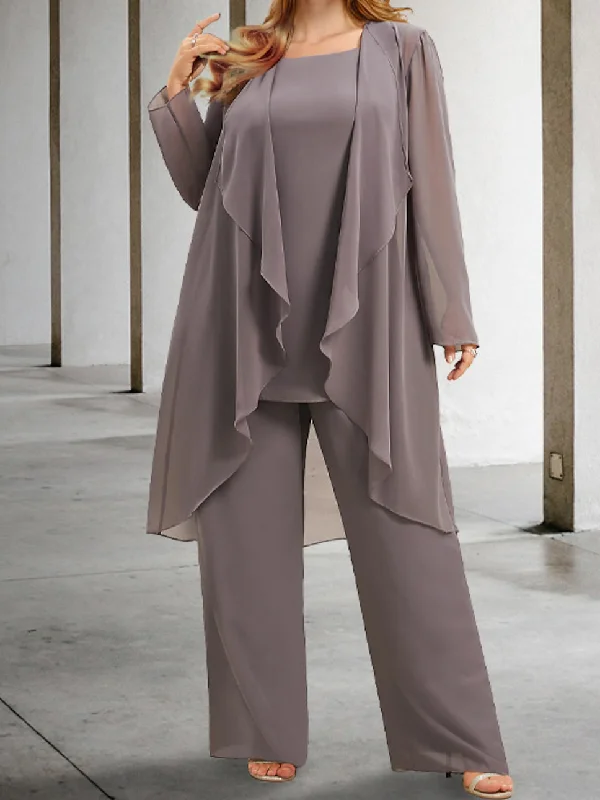 Chiffon Mother of the Bride Pantsuits with Jacket Chenille Fabric Brocade Fabric Lace Fabric