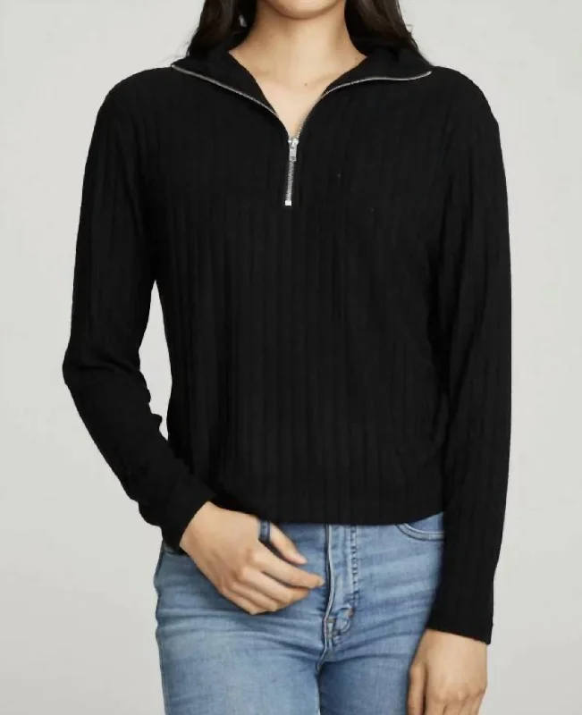 Zip Up Mock Neck Ls Pullover In True Black Three Quarter Sleeve