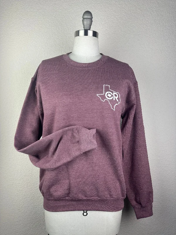 CR Texas Crew Neck Sweatshirt- Heathered Plum Hoodie with Hem Embroidery Detailed Premium