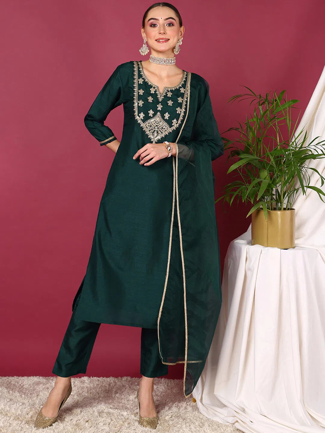 Ahika Women Green Silk Blend Solid Yoke Design Straight Kurta Trouser With Dupatta Trousers Favorite Customer