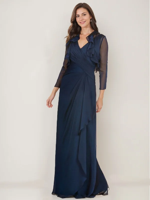 Sheath/Column V-Neck 3/4 Sleeves Mother Of The Bride Dresses with Ruffles & Jacket Lace Jacket Ribbed Jacket Sequined Jacket