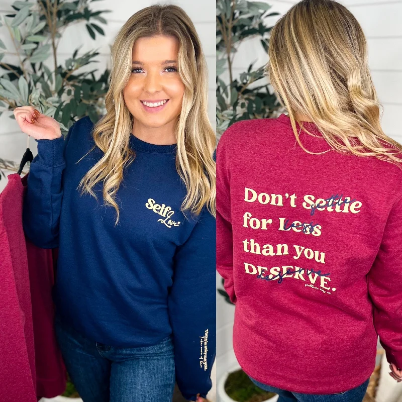 Self Care Cotton Blend Long Sleeve Avery Mae Graphic Crewneck Sweatshirt - 3 colors! Hoodie with Hem Applique Textured Unique