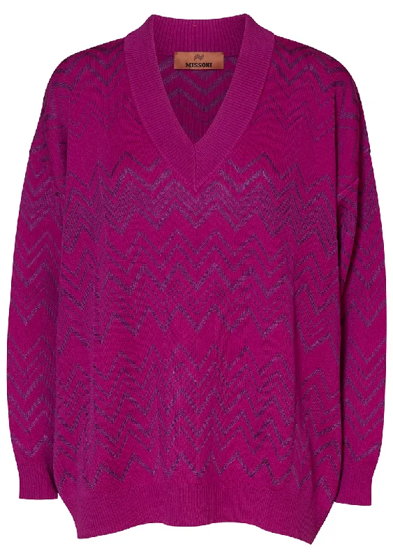 Fuchsia Chevron Sweater Notch Collar Peter Pan Collar Cowl Neck