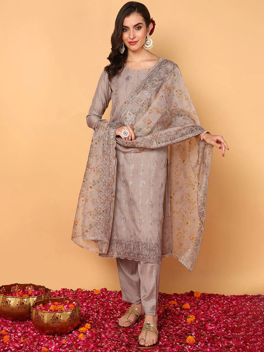 Ahika Women Grey Organza Floral Embroidered Straight Kurta Trouser With Dupatta Trousers Harem Relaxed Fit