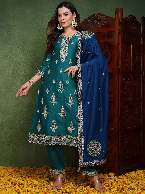 Ahika Women Green Silk Blend Solid Embroidered Straight Kurta Trouser With Dupatta Trousers Ceremony Elegant