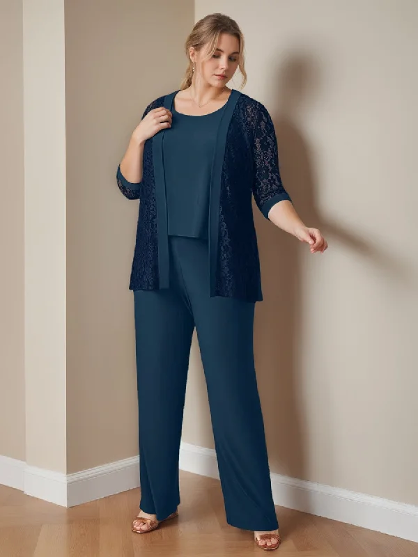 Chiffon 3 Pieces Scoop Neck 3/4 Length Sleeves Floor-Length Plus Size Mother Of The Bride Pantsuits With Jacket & Pockets Fleece Jacket Down Jacket Parka