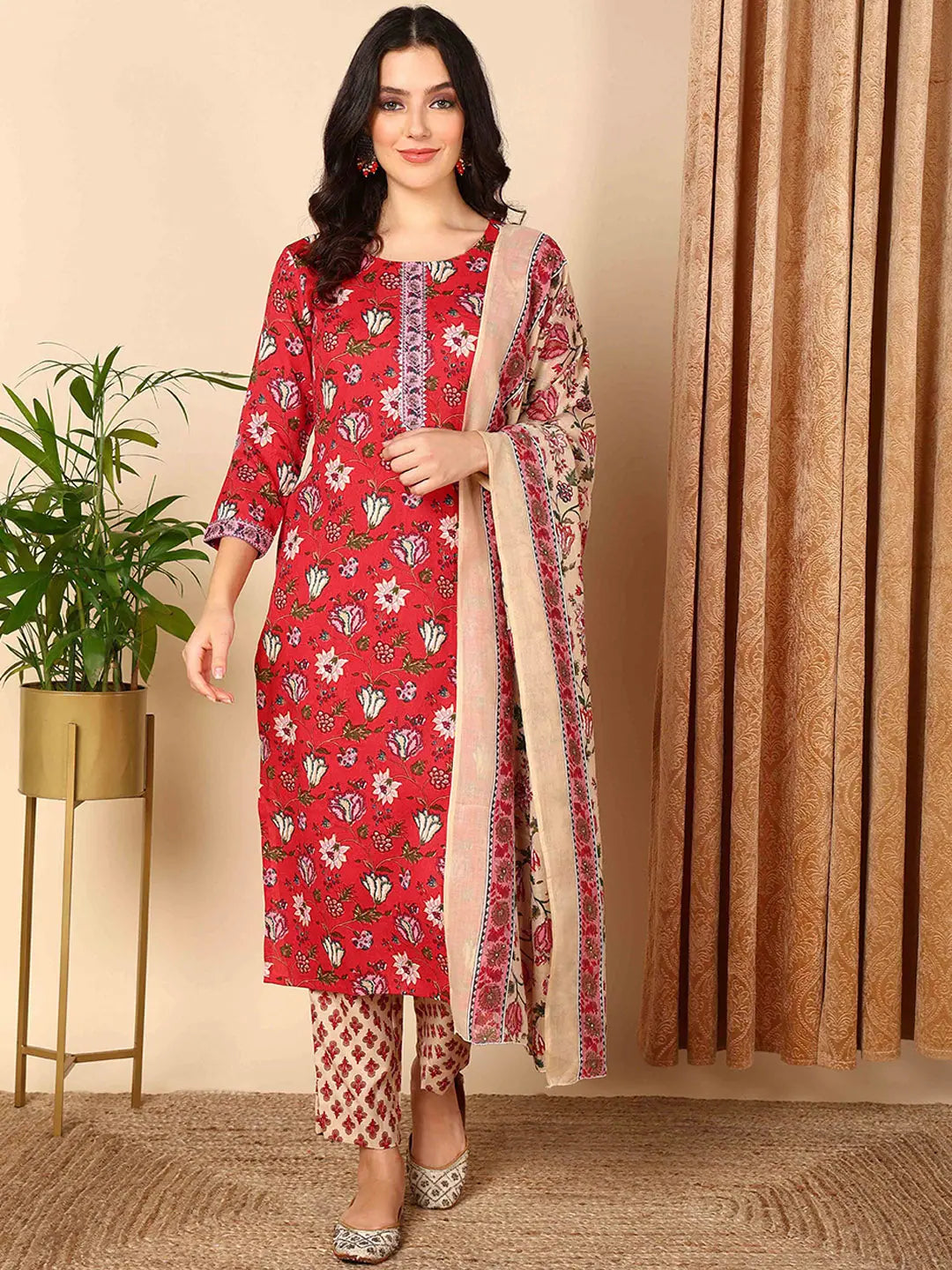 Ahika Women Red Cotton Blend Floral Printed Straight Kurta Trouser With Dupatta Trousers Sale Discount