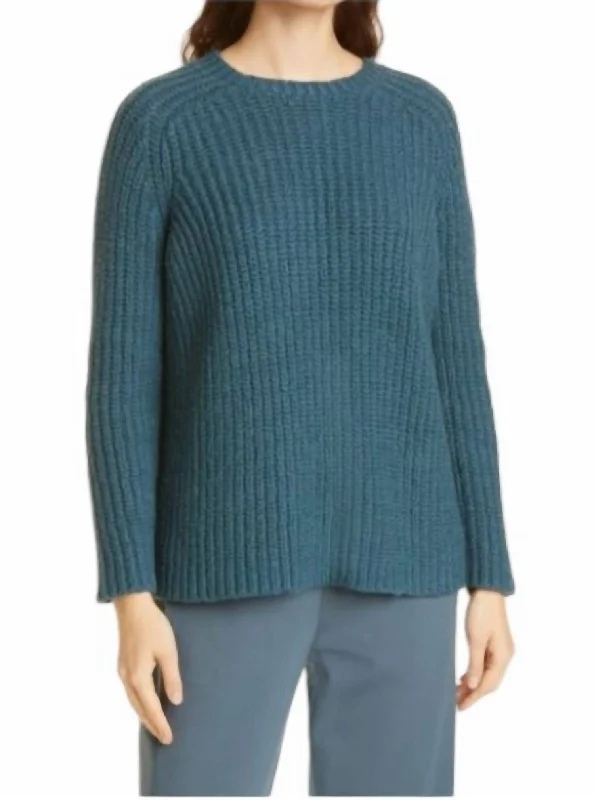 Crew Neck Pullover Sweater In Eucalyptus Tight Sleeve Top