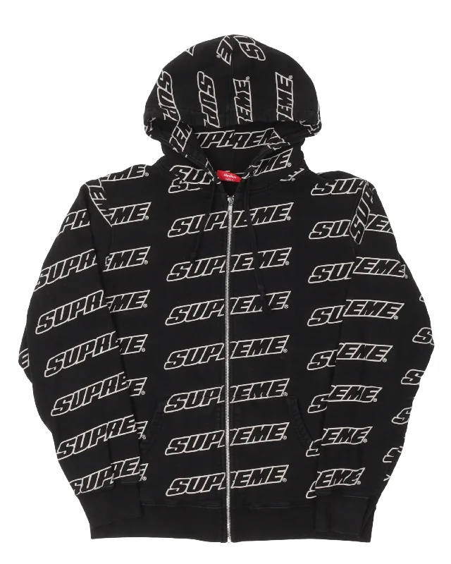 All Over Print Zip Up Hoodie Hoodie with Hem Applique Textured Unique