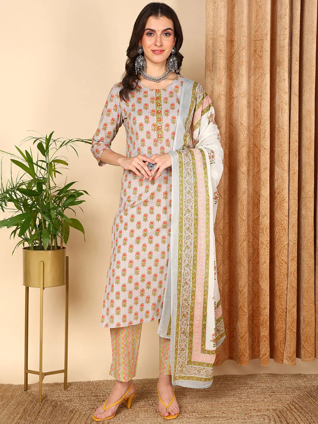 Ahika Women Grey Pure Cotton Ethnic Motifs Printed Kurta Trouser With Dupatta-VKSKD2006_S Trousers Leisure Comfortable