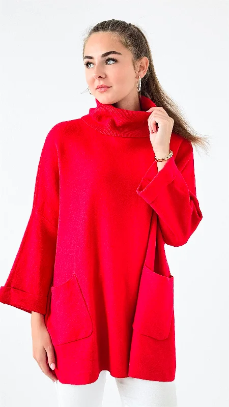 Modern Comfort Pocket Italian Sweater- Red Hooded Caped Shawl Collar