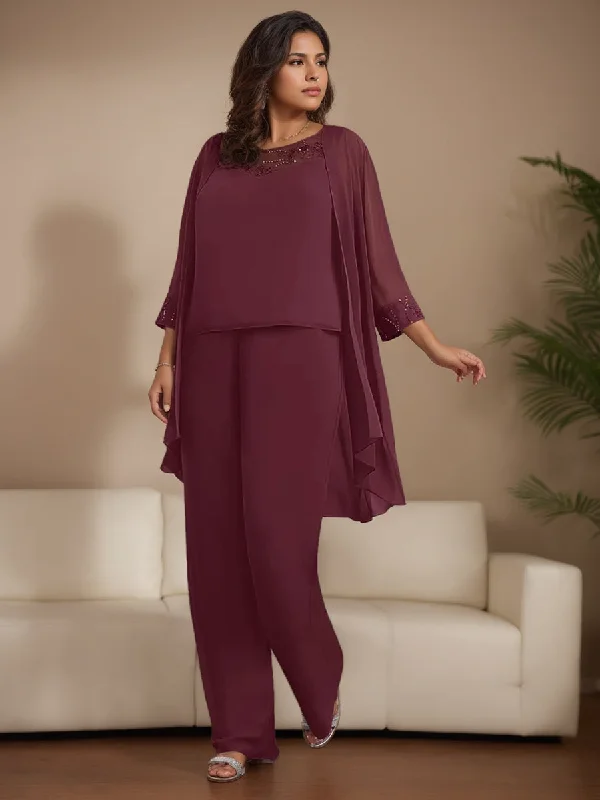 Chiffon 3 Pieces Scoop Neck 3/4 Length Sleeves Floor-Length Plus Size Mother Of The Bride Pantsuits With Jacket, Lace, Beaded & Sequins Hoodie Zip-Up Jacket Button-Up Jacket