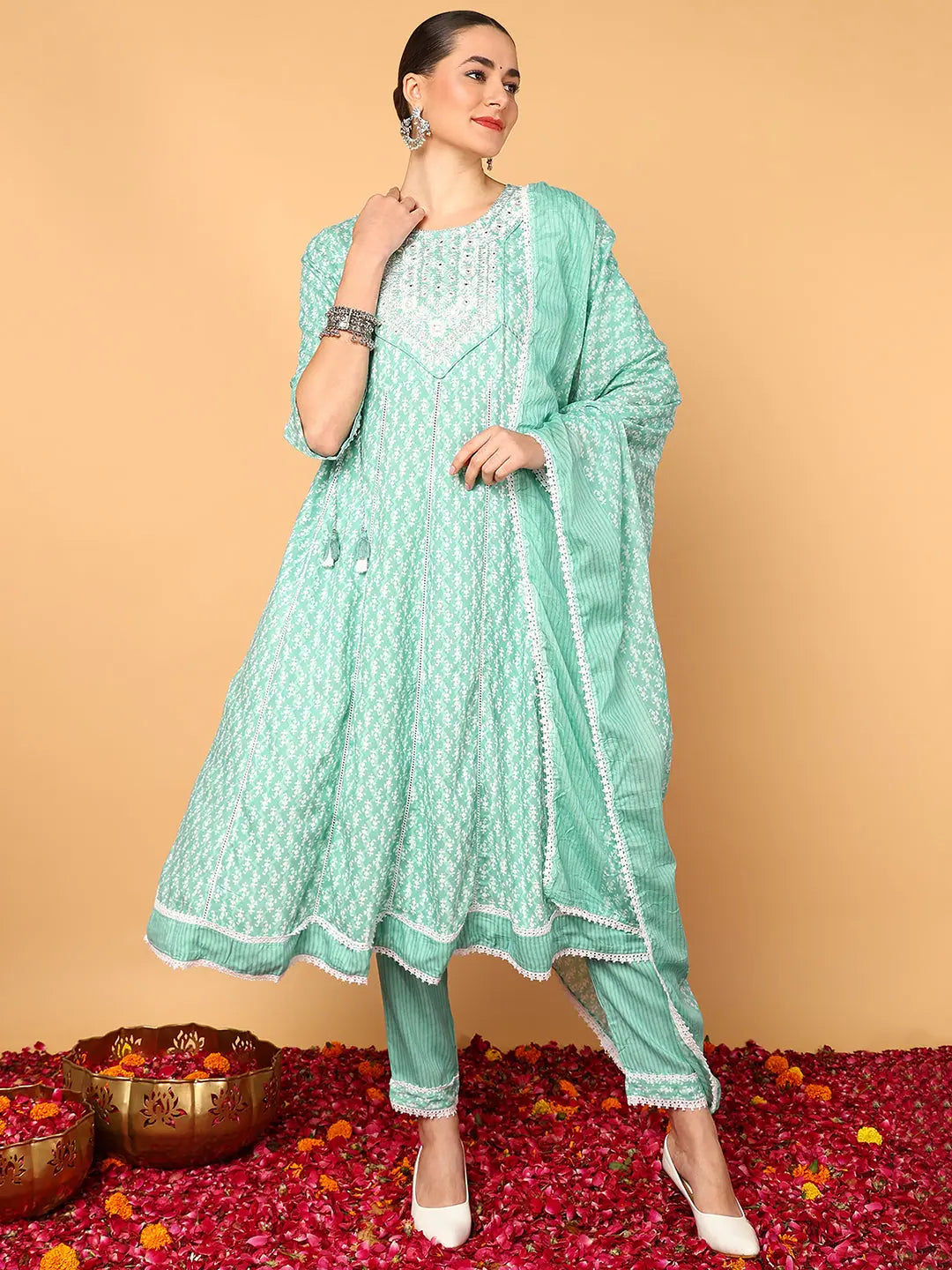 Ahika Women Sea Green Viscose Rayon Ethnic Motifs Printed Flared Kurta Trouser With Dupatta Trousers Lace Delicate