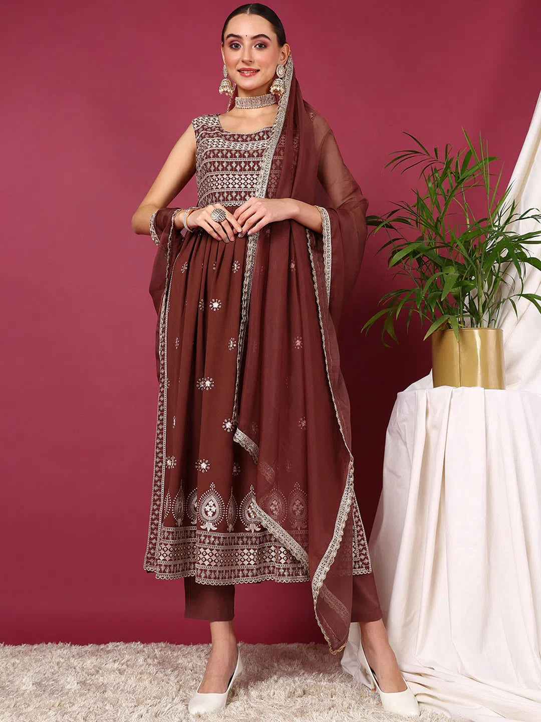 Ahika Women Rust Poly Georgette Solid Embroidered Straight Kurta Trouser With Dupatta Trousers Review Highly