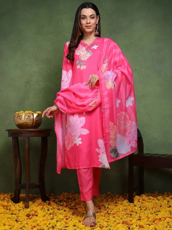 Ahika Women Pink Cotton Blend Floral Printed Straight Kurta Trouser With Dupatta-PKSKD2514PNK_XS Trousers Striped Patterned