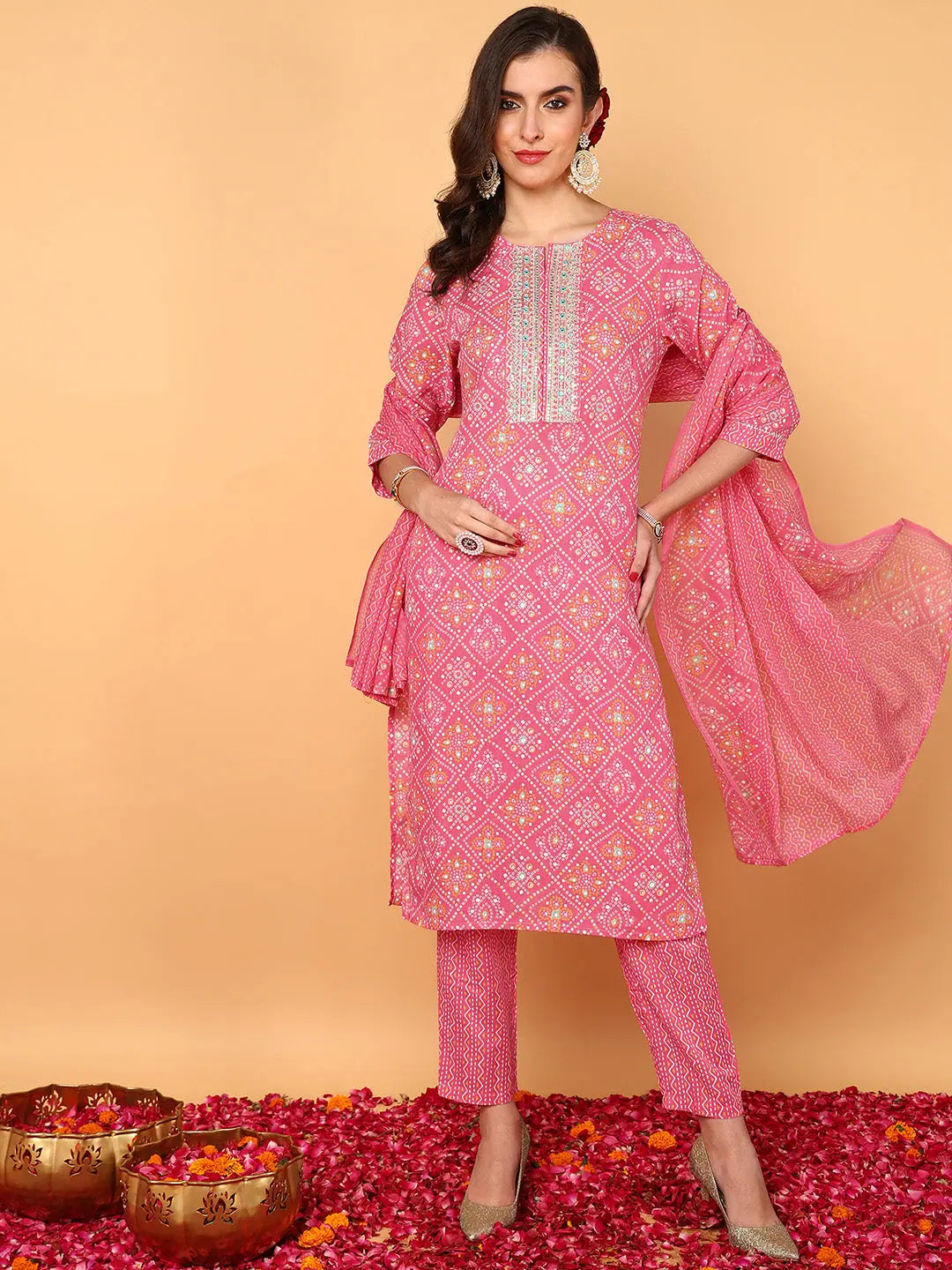 Ahika Women Pink Poly Cotton Bandhani Printed Straight Kurta Trouser With Dupatta Trousers High Rise Slim Fit