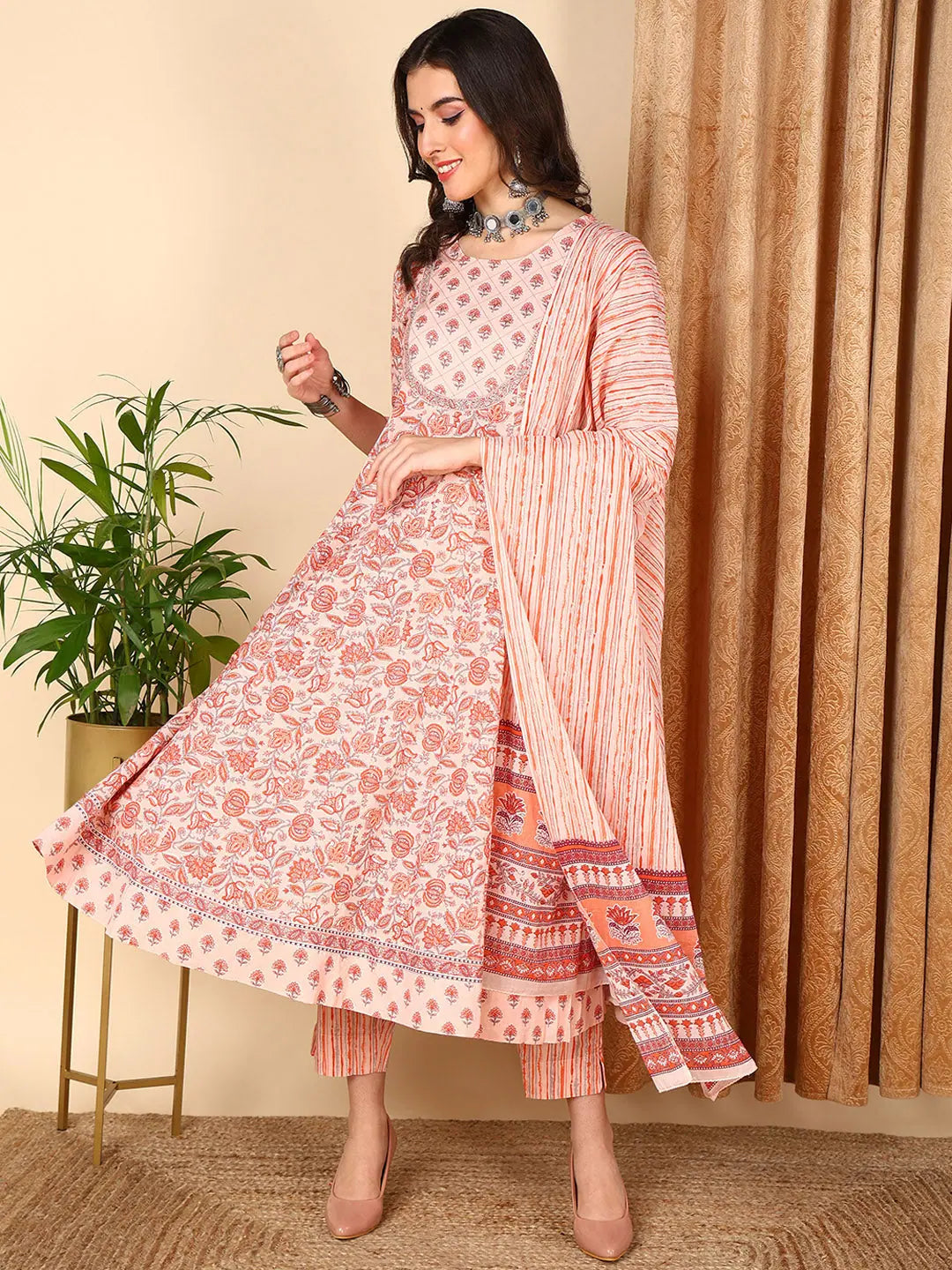 Ahika Women Peach Pure Cotton Floral Printd Yoke Design Kurta Trouser With Dupatta Trousers Gym Athletic