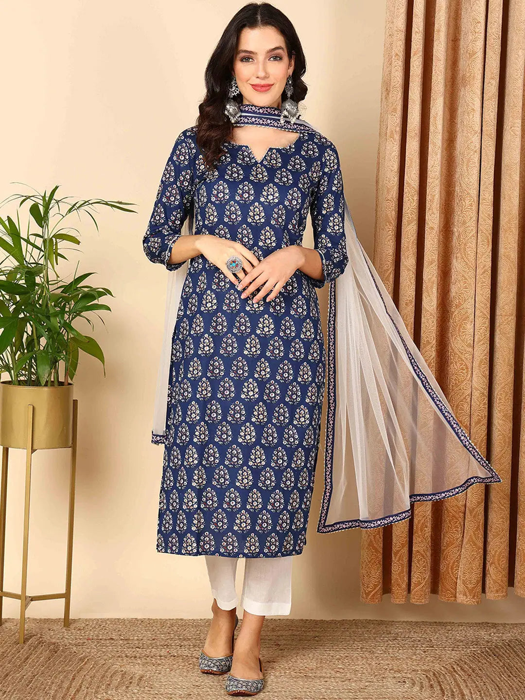 Ahika Women Blue Pure Cotton Floral Printed Straight Kurta Trouser With Dupatta-VKSKD2002_S Trousers Custom Made