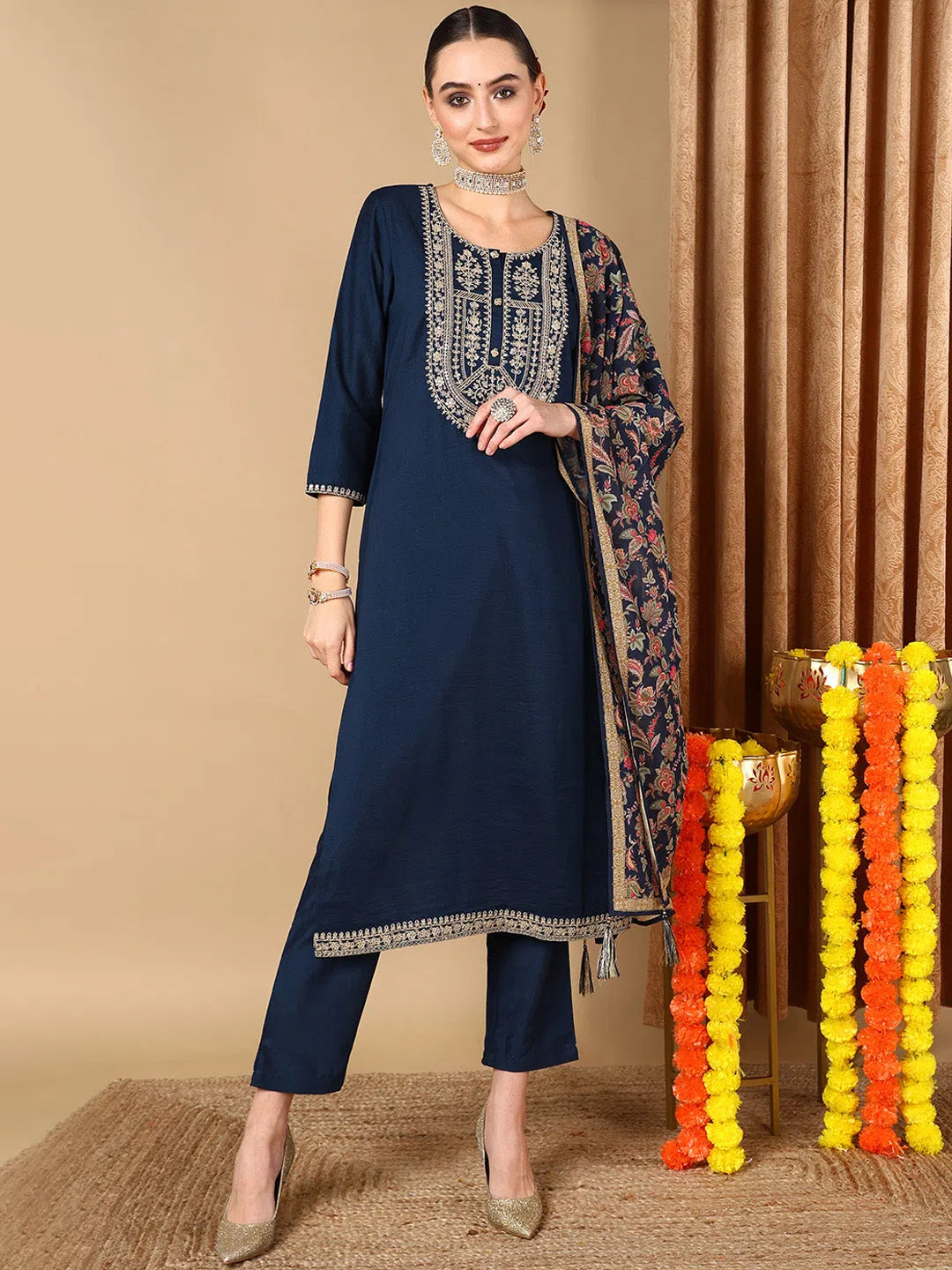 Ahika Women Navy Blue Silk Blend Solid Yoke Design Kurta Trouser With Dupatta Trousers Ceremony Elegant