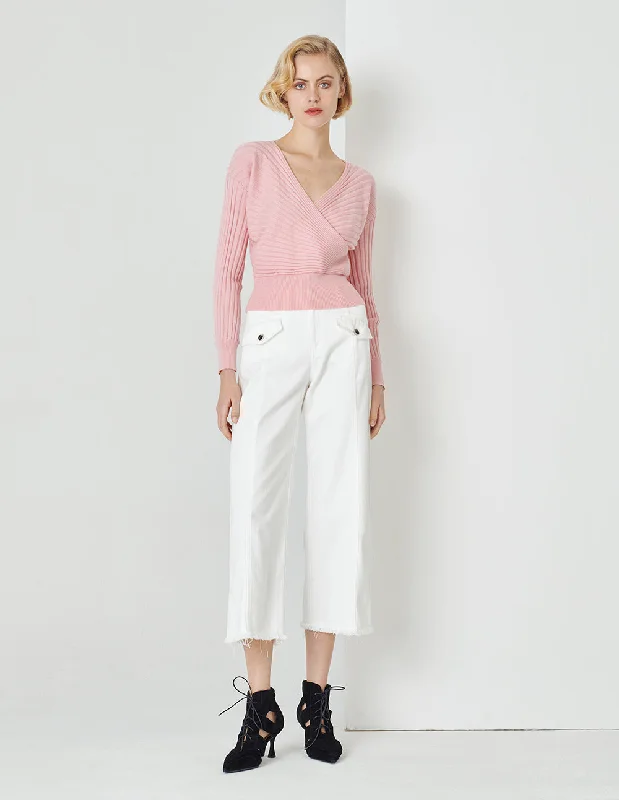 MARYLING Light Pink V-Neck And Front Wrap-Around Gradient Stripe Weave Knitted Pullover Tapered Sleeve Pullover